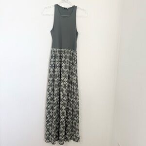 Loft Green White Floral Maxi Dress Contrast Tank A-Line Stretch Vacation Sz XS